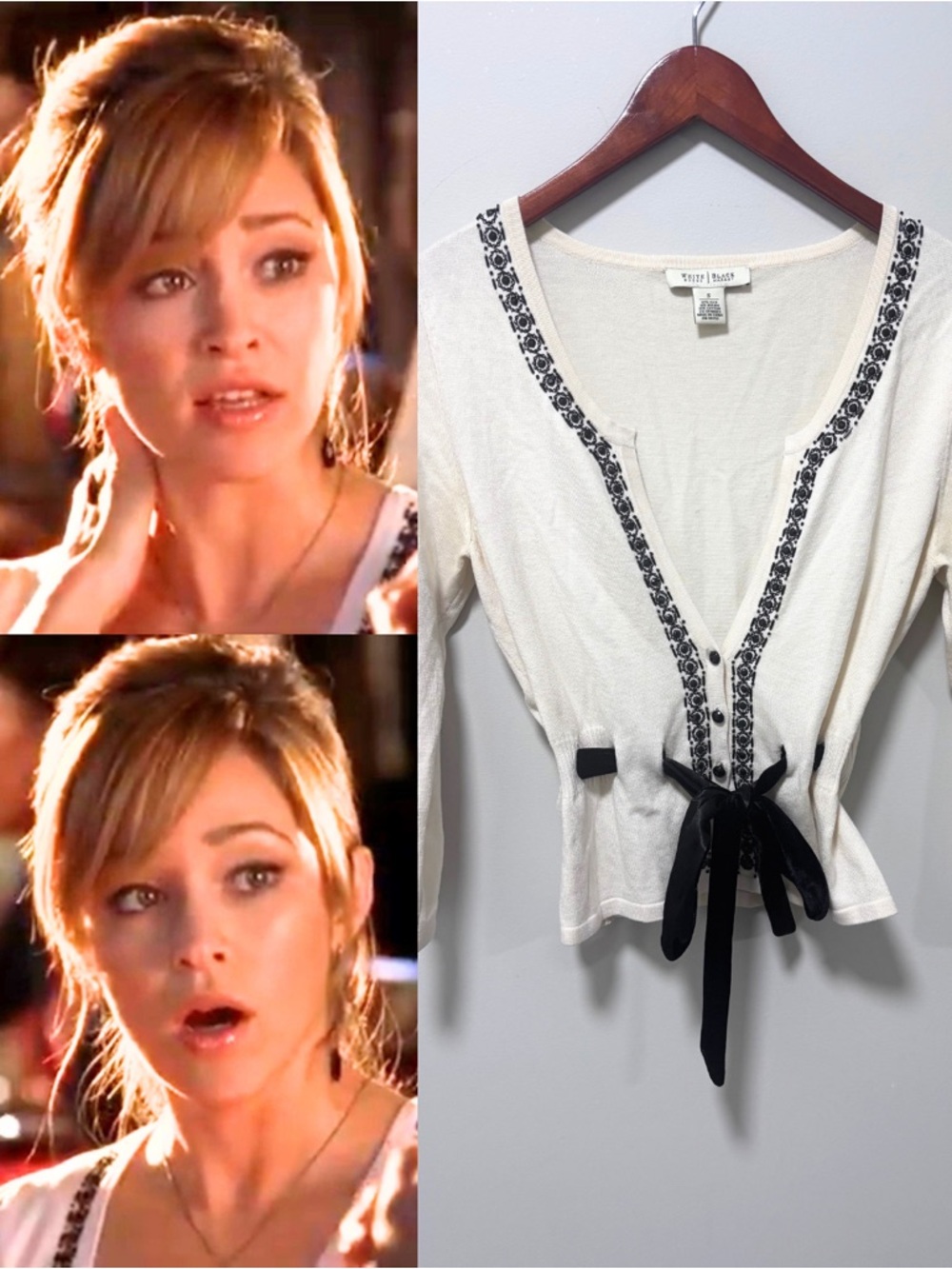 Vintage Preppy Cardigan ASO Taylor Townsend The O.C. Y2K Tie Bow White Black S